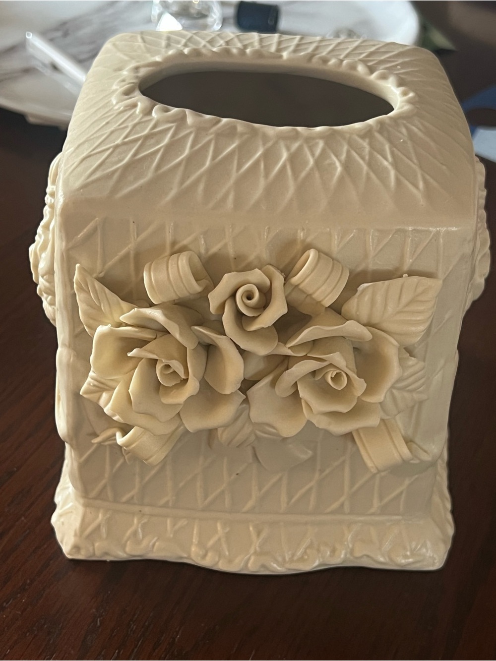 Elegant Cream Ceramic Tissue Box Cover with Rose Applique - Unbranded